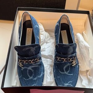 CHANEL Denim Blue Platform Loafers with Cork Block Heel